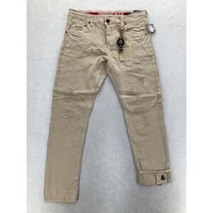Smugglers Moon Jeans Mens 36x32 Khaki Distressed Button Fly Skull Slim Stretch